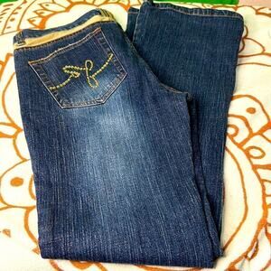 Daisy Fuentes size 8 indigo, boot cut, with gold rhinestones and gem pockets